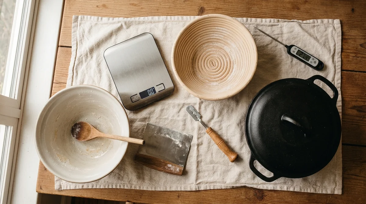 Surdej udstyr — flat-lay af bageredskaber