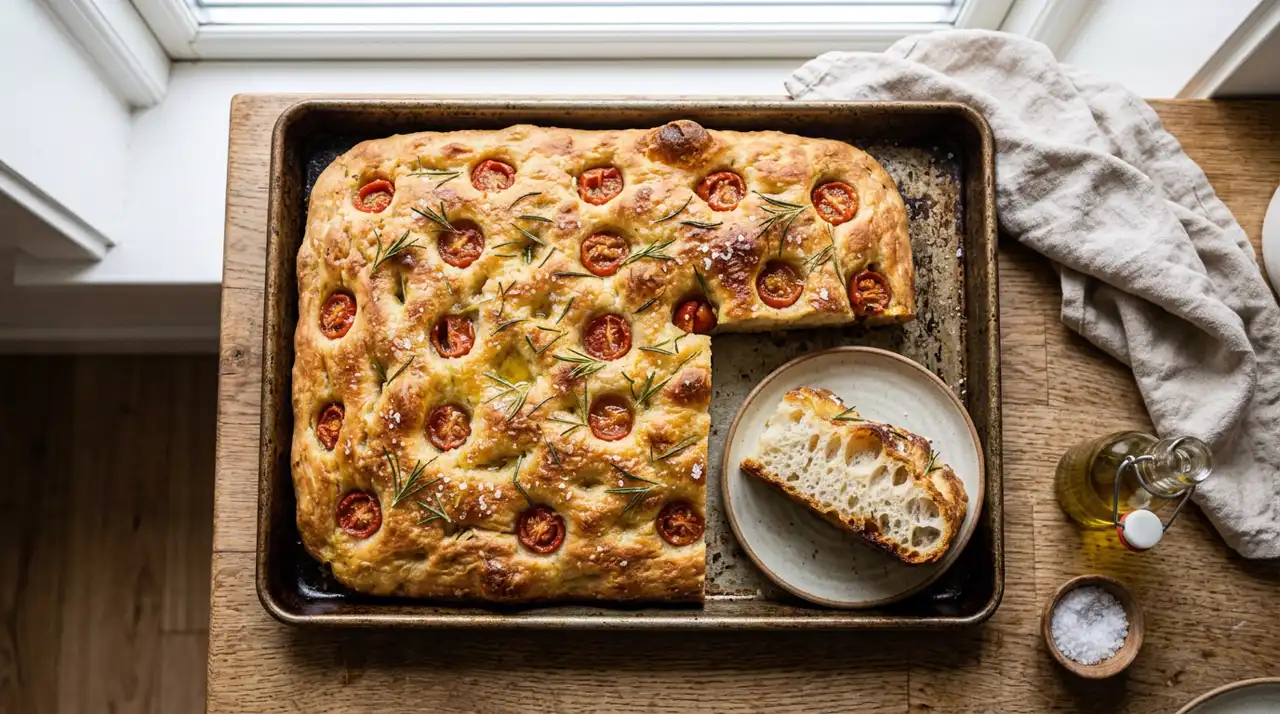 Gylden surdejsfocaccia i bradepande med rosmarin og cherrytomater