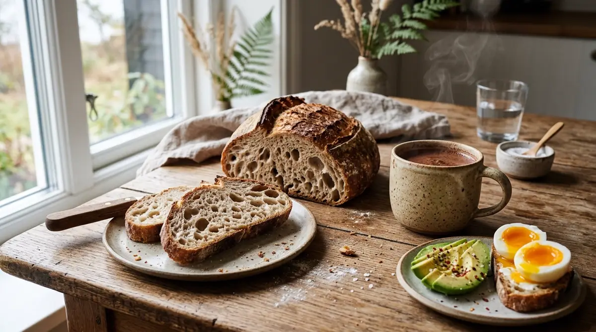 Friskbagt surdejsbrød og en kop ceremoniel kakao på et morgenbord